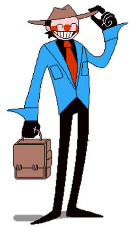 A fullbody of a Pizza Tower OC with a blue suit, suitcase and black lower body. He adorns a red tie and brown fedora.