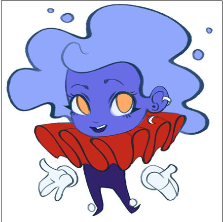 2024 Fullbody Chibi A blue/lilac water woman with a red cravatte and jester shoes. Her hands are detached and gloved.