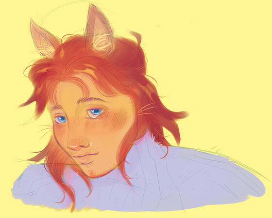 A catman with auburn hair, blue eyes and a light lilac turtleneck.