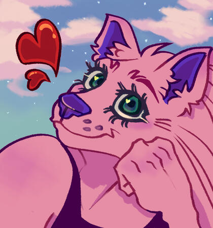 A headshot of a feminine pink furry with purple accents and green eyes with a dusky sky background.