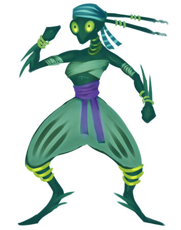 A feminine mantis character with pirate attire and gold bangles and accessories.