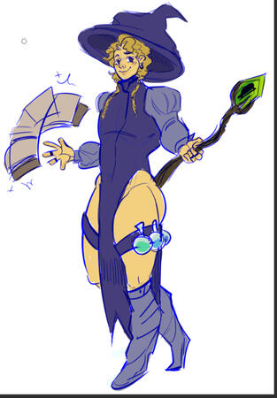 A sketch of a blond mage with purple attire and with a magical book and green staff.