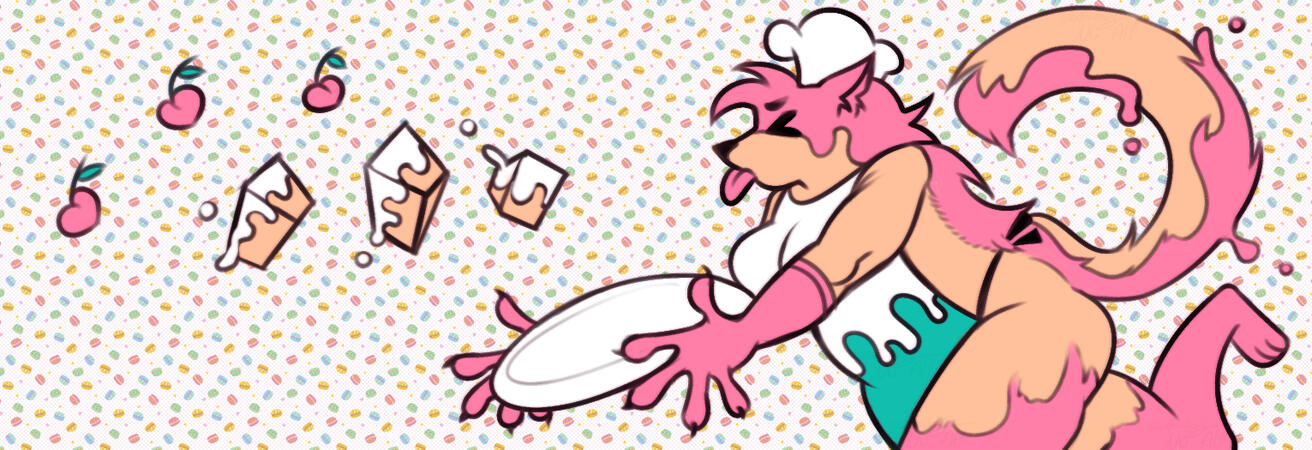 Halfbody Banner 2025 A banner portraying a wolf fursona with pink frosting and dropping cake slices as she runs.