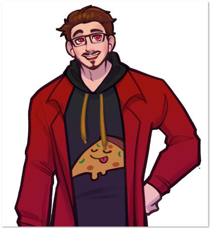 A picture of a man with a black hoodie, red trenchcoat and brown hair with glasses.
