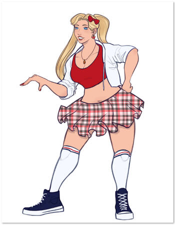 A woman with a white jacket, sports cropped top, plaid jacket, knee high socks and sneakers.